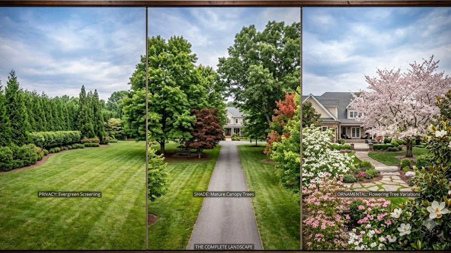 A panoramic photograph of a expansive residential landscape. The left third shows dense Green Giant screening for privacy, the center features massive Sugar Maple shade trees lining a drive, and the right captures multiple flowering Dogwoods, Yoshino Cherry, and Sweetbay Magnolias.