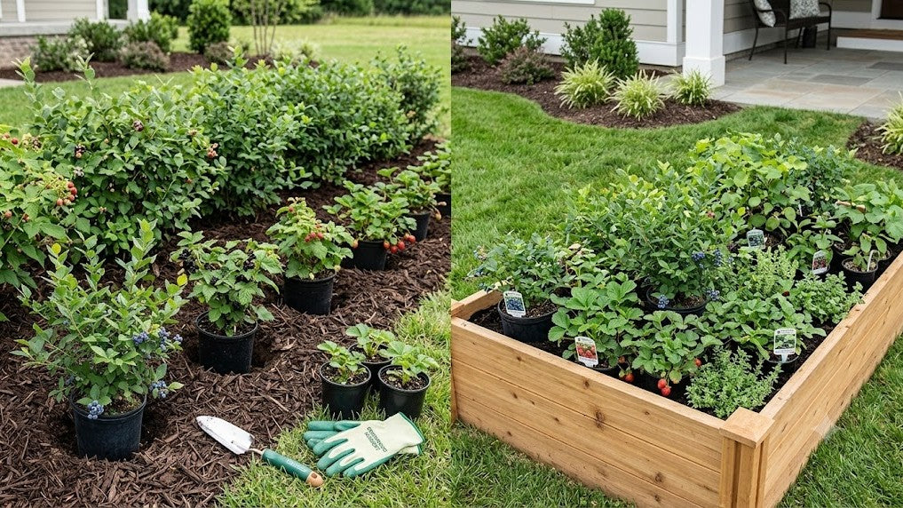 A 16:9 landscape photograph showing small fruit plants in pint and quart nursery containers being planted into a residential garden bed and a raised cedar box, featuring healthy young blueberry, strawberry, and blackberry stock with starter trowel and gloves on the mulch.