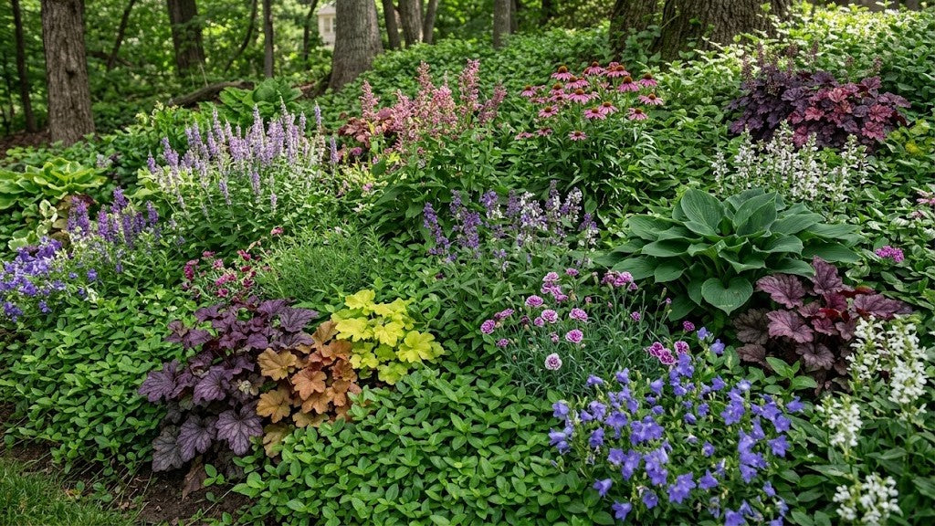 A 16:9 landscape photograph of a mature, thriving perennial garden under dappled sunlight at the edge of a woodland. The layered planting features robust, purple-leafed Heuchera (Coral Bells), vibrant pink and white Echinacea (Coneflowers), and tall spikes of purple Salvia and flowering Hostas, unified by a dense groundcover of non-variegated green Vinca major.