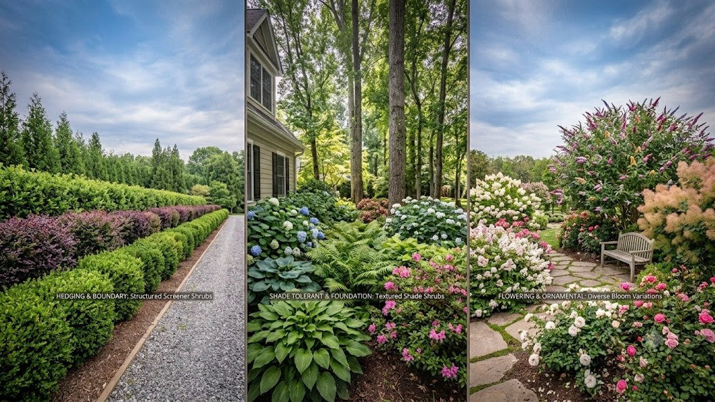A panoramic, triptych-style photograph presenting a cohesive three-part shrub landscape. The left panel shows a structured hedge border along a gravel driveway with various boxwood and barberry cultivars. The central panel highlights shaded, layered foundation plantings with hydrangeas, ferns, and hostas under tall trees. The right panel features vibrant, mature ornamental shrub borders with multi-colored butterfly bush, white spiraea, and pink smoke bush, illustrating a complete residential shrub design.