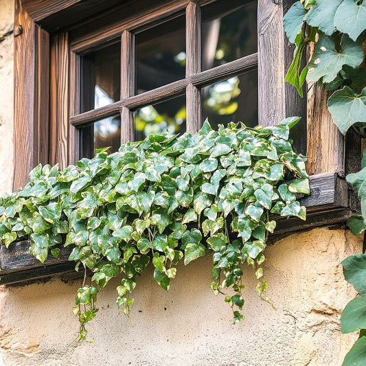 Needlepoint ivy growing in a window box on window sill 