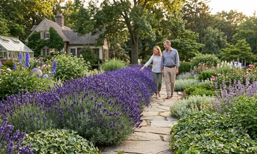 A lush cottage garden landscape featuring a dense hedge of deep purple blooming lavender along a winding flagstone walkway. A mature couple strolls hand-in-hand down the stone path, with a rustic stone cottage and a glass greenhouse visible in the sun-dappled background.