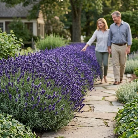 A lush, vibrant hedge of blooming Lavender 'Super Blue' with deep purple flower spikes growing along a flagstone pathway, with a smiling middle-aged couple walking hand-in-hand in a beautifully landscaped backyard garden.