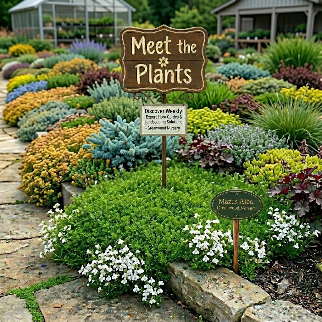 Lush low-growing green groundcover with tiny white flowers in a detailed landscape crevice walkway feature frame. Central signs read 'Meet the Plants', 'Discover Weekly Guides', and 'Mazus Alba, Greenwood Nursery'.