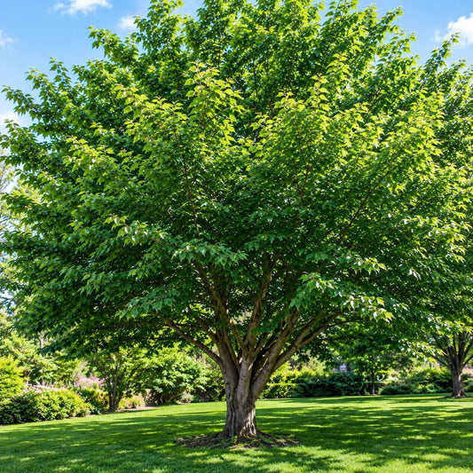 Okame cherry tree with slender branching structure and green foliage, shown in a landscaped garden setting.