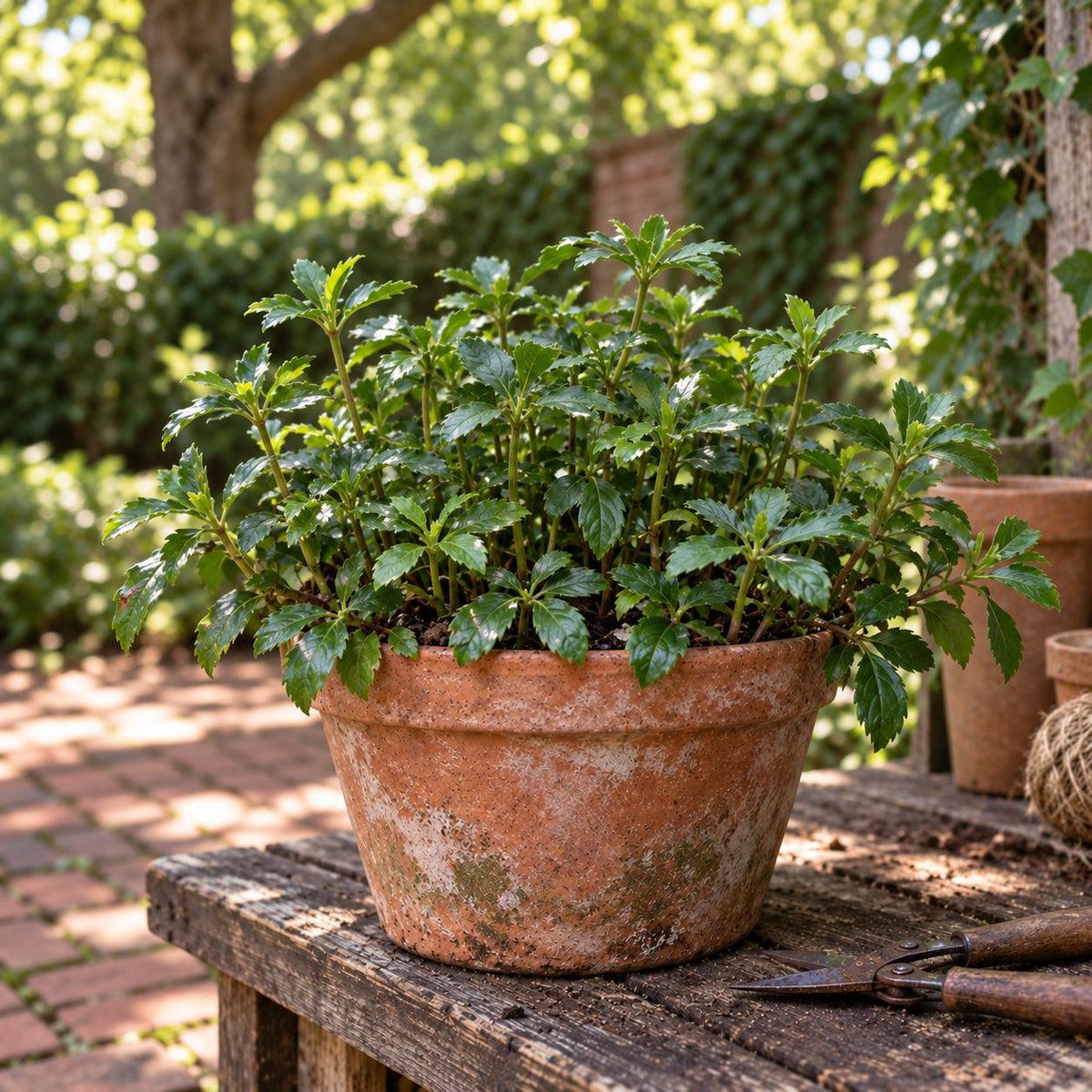 Healthy potted Pachysandra terminalis Japanese spurge evergreen groundcover in rustic terracotta container