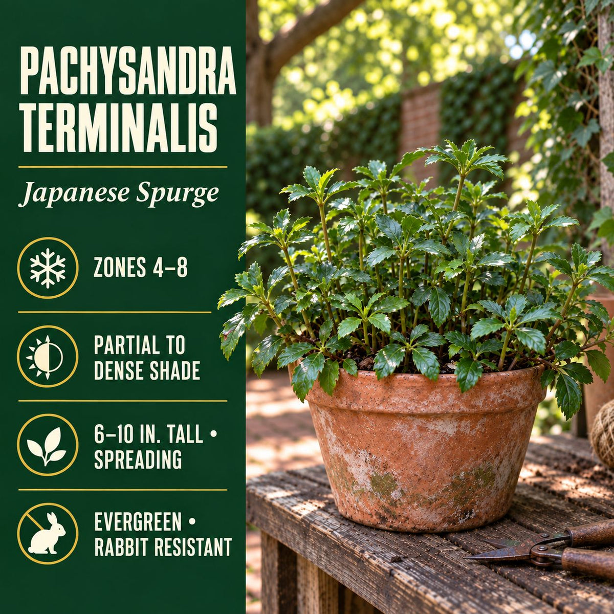 Pachysandra terminalis growing guide highlighting zones 4 to 8, partial to dense shade, spreading height, and rabbit resistance