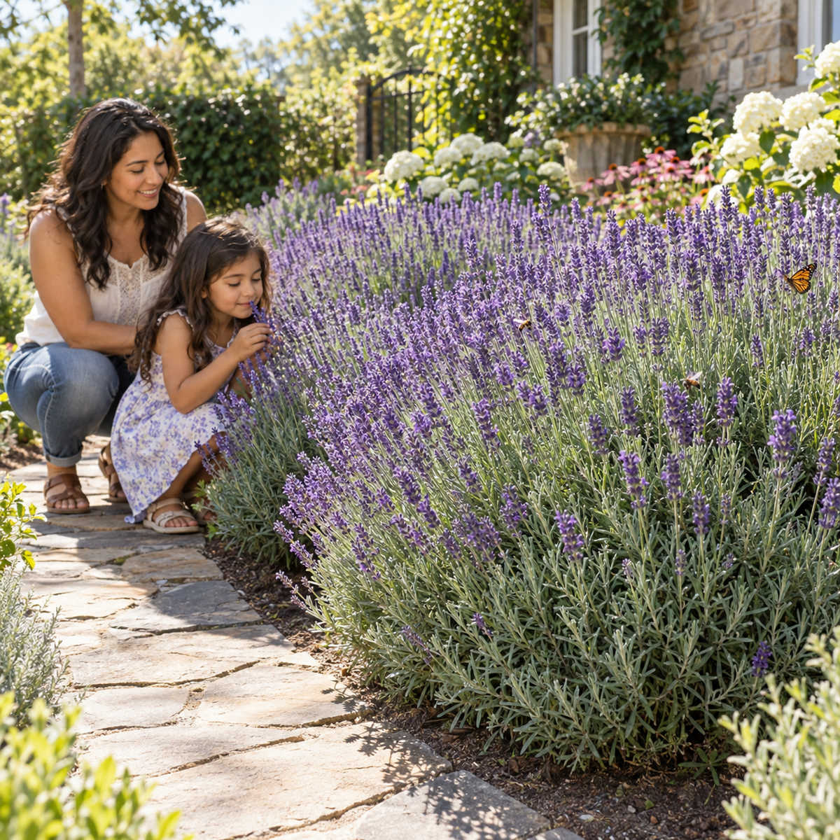 An adult and child in a garden kneeling beside a large patch of blooming lavender, with a butterfly hovering over the purple flowers near a stone pathway and flowering plants.