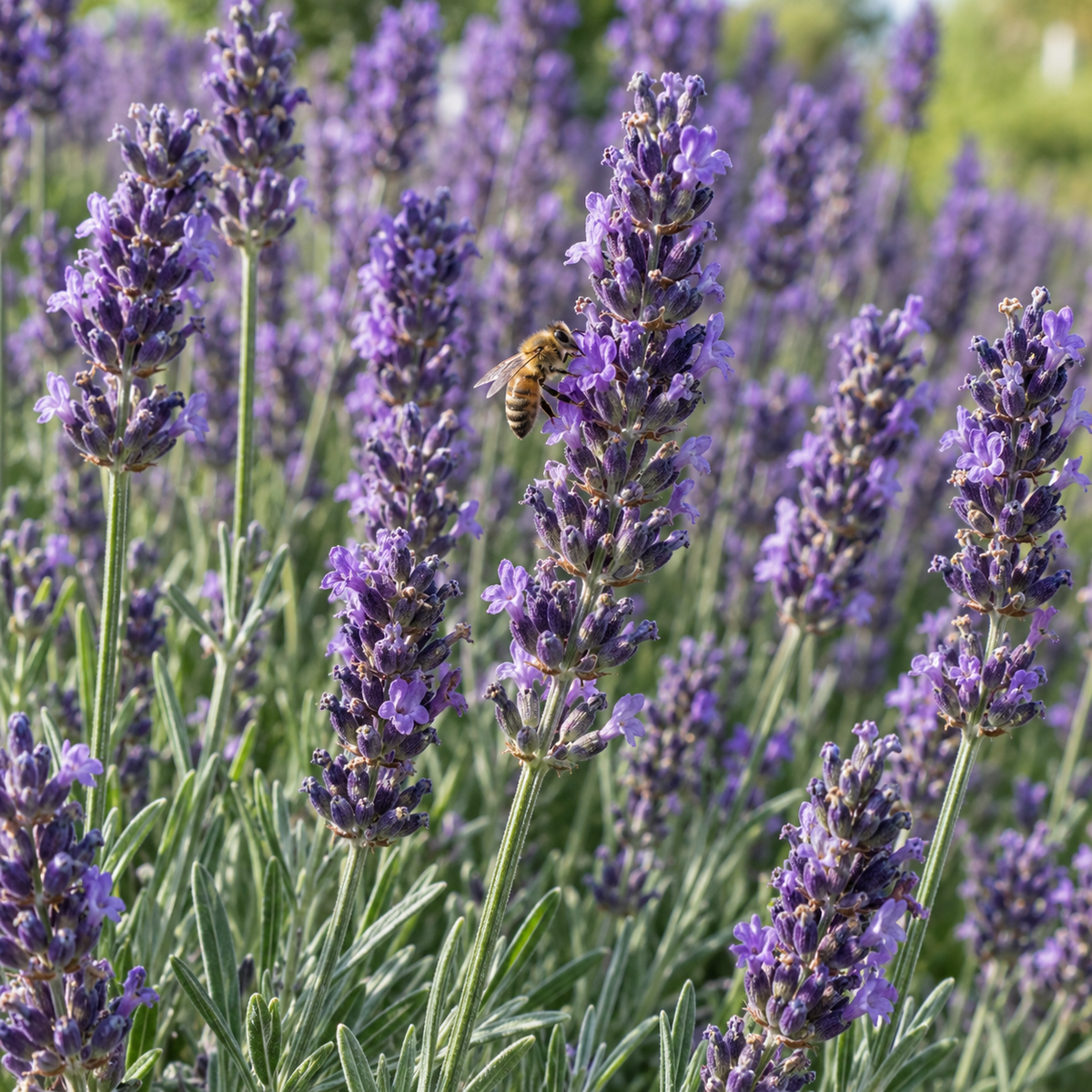 A close-up of lavender flower spikes with a honeybee collecting nectar among dense purple blossoms and green foliage.