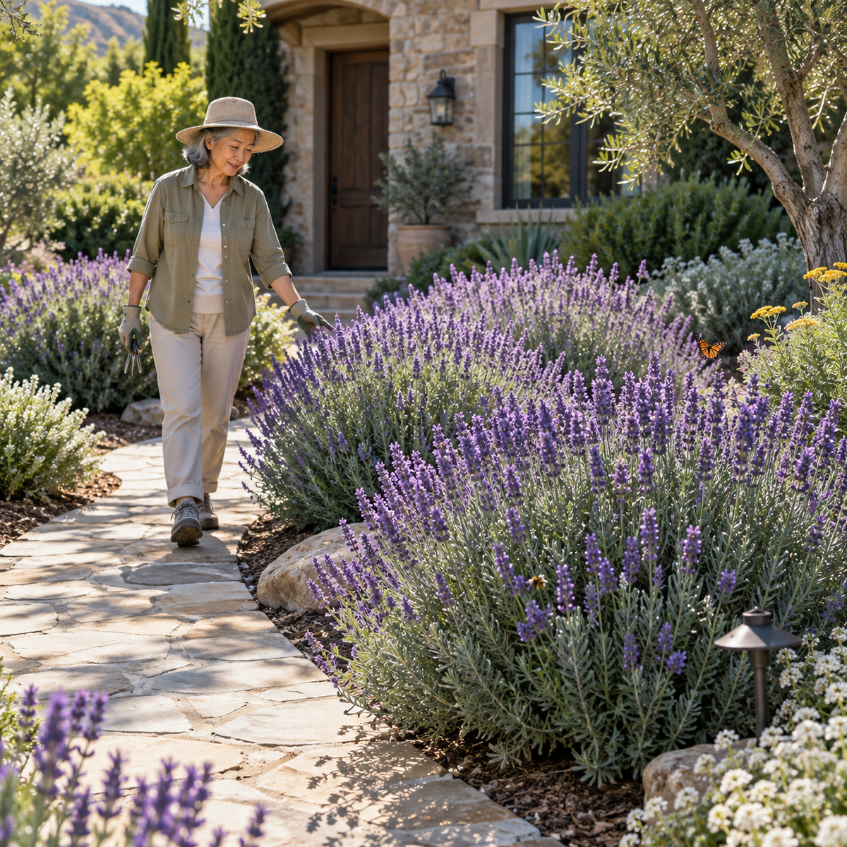 A person wearing a wide-brimmed hat walking along a stone garden path lined with blooming lavender bushes in front of a rustic stone house.