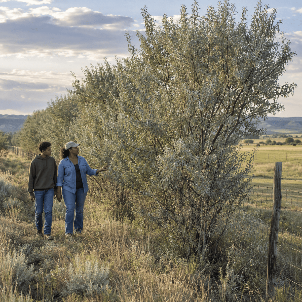 Two people walking beside a row of tall leafy shrubs near a wire fence in a rural landscape with open fields and distant hills.