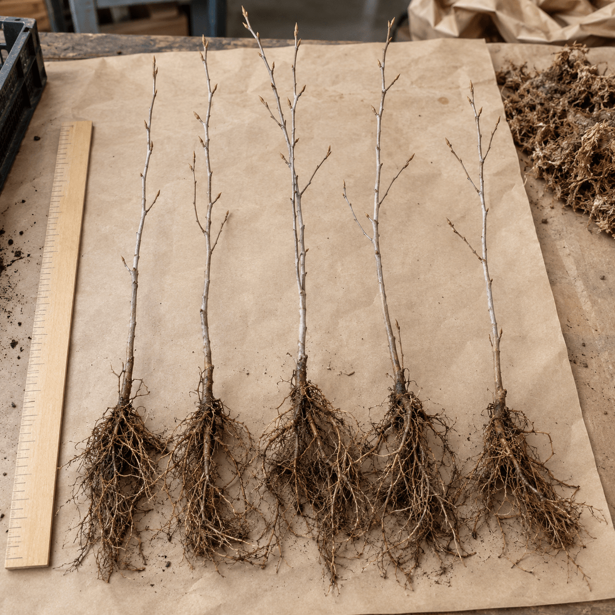 Five bare-root tree saplings laid on brown paper beside a wooden ruler, showing slender stems with buds and extensive root systems.