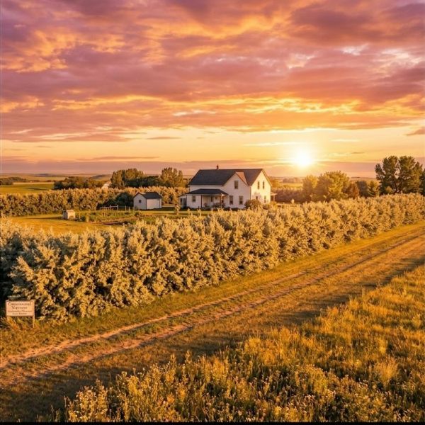 Farmhouse surrounded by orchards with a vibrant sunset sky with Russian olive 8-12 foot hedge. 