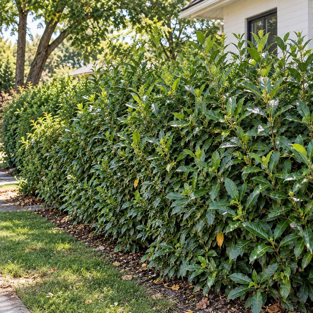 Mature Schip laurel hedge with dense glossy evergreen foliage providing a natural privacy screen beside a suburban home.