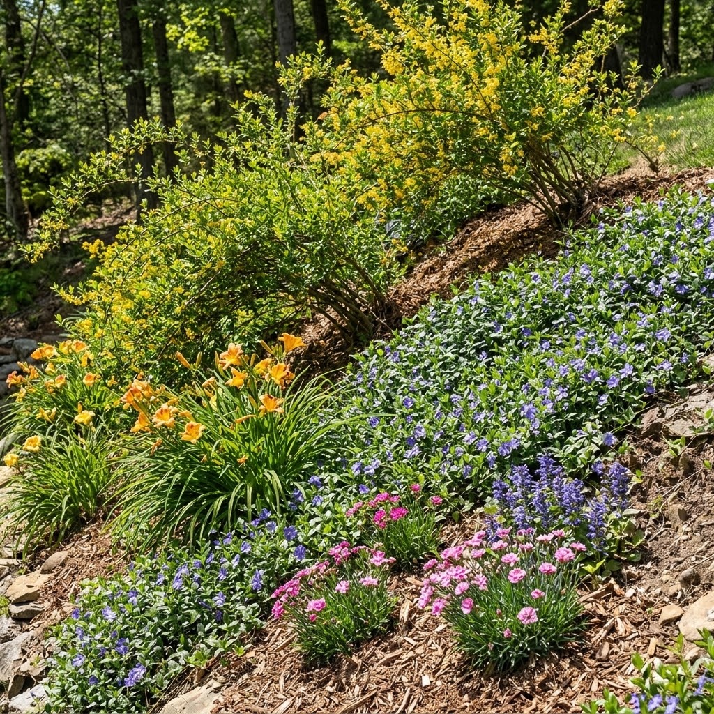 Established sunny hillside planted with yellow flowering shrubs, daylilies, and creeping groundcovers for soil erosion control on steep bank