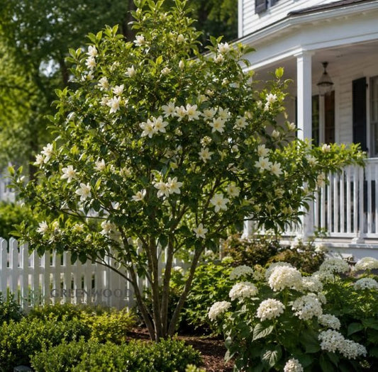 A blooming Sweetbay Magnolia tree covered in creamy white flowers planted in a front yard garden landscape next to a white picket fence and a house porch with white hydrangeas in the foreground