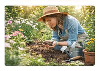 Woman gardening in a lush garden with flowers and plants.