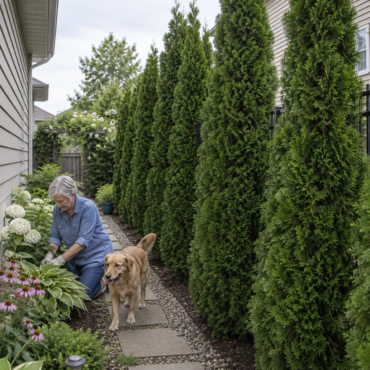 A person kneeling on a stone pathway to tend garden plants beside a row of tall evergreen trees, with a golden retriever walking nearby.v