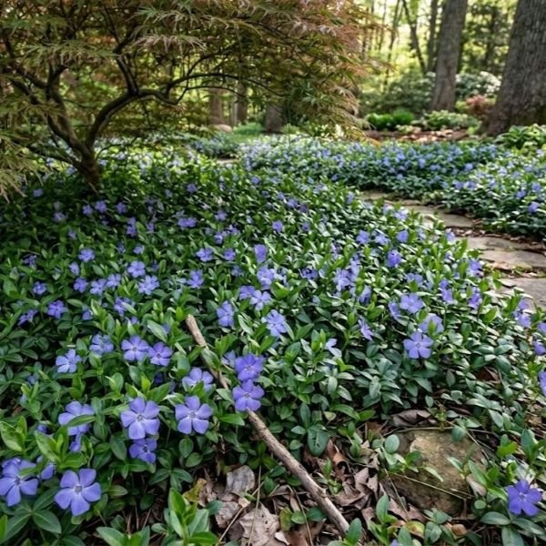 A lush, shaded woodland garden featuring a winding flagstone path bordered by a dense groundcover of blooming purple periwinkle (Vinca minor). On the left, a mature weeping Japanese maple with red-green leaves drapes over the path, which leads into a background of mature hardwood tree trunks.